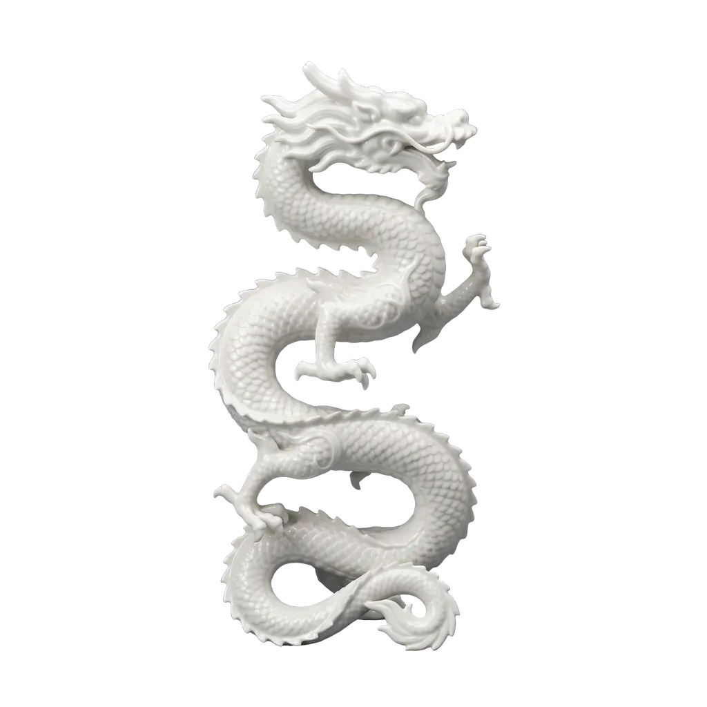 A white porcelain dragon coiled in an S-curve; moving the pointer over it reveals cobalt-blue cloud motifs and gold kintsugi seams.